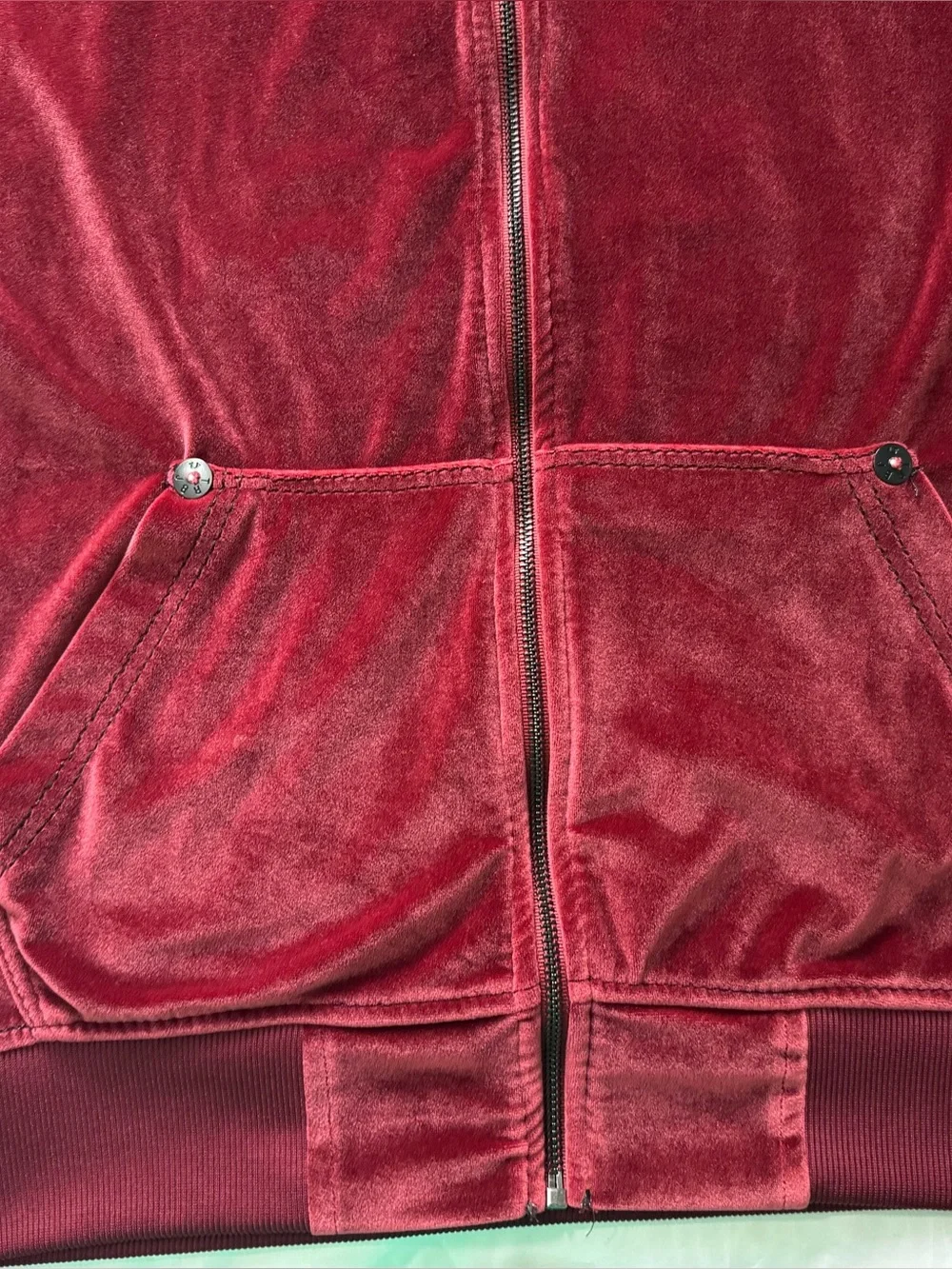 True Religion Men's Velour Zip-Up Hoodie in a deep burgundy or maroon color.